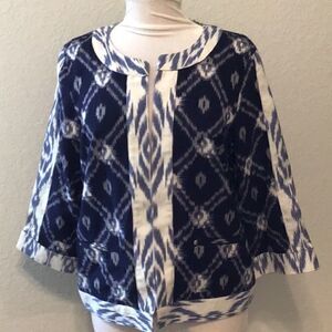 Chico’s Jacket Ikat Blue Cream Lighweight Cotton Open Front Jacket Size S